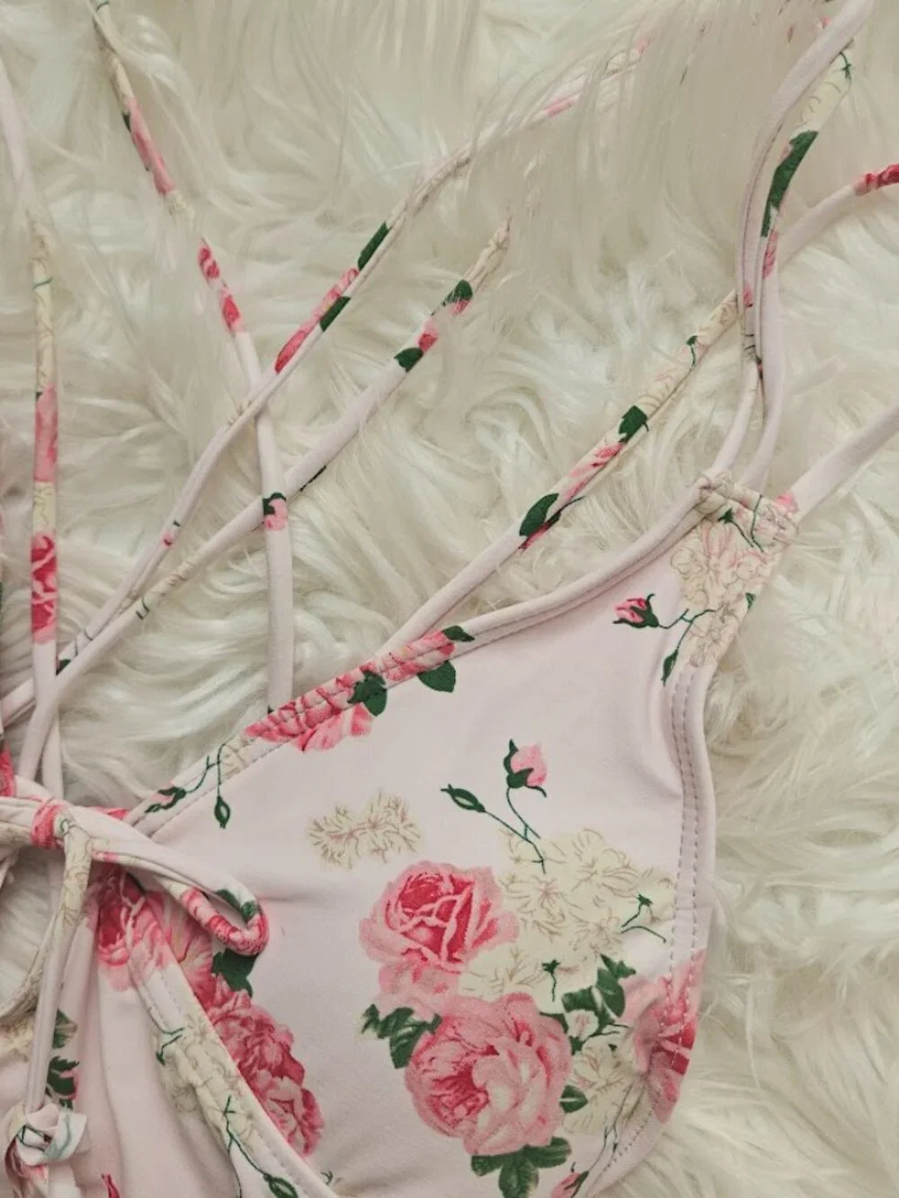 Pink Rose Printed Tassel Strappy Low Back Floral One Piece Swimsuit Small Kawaii